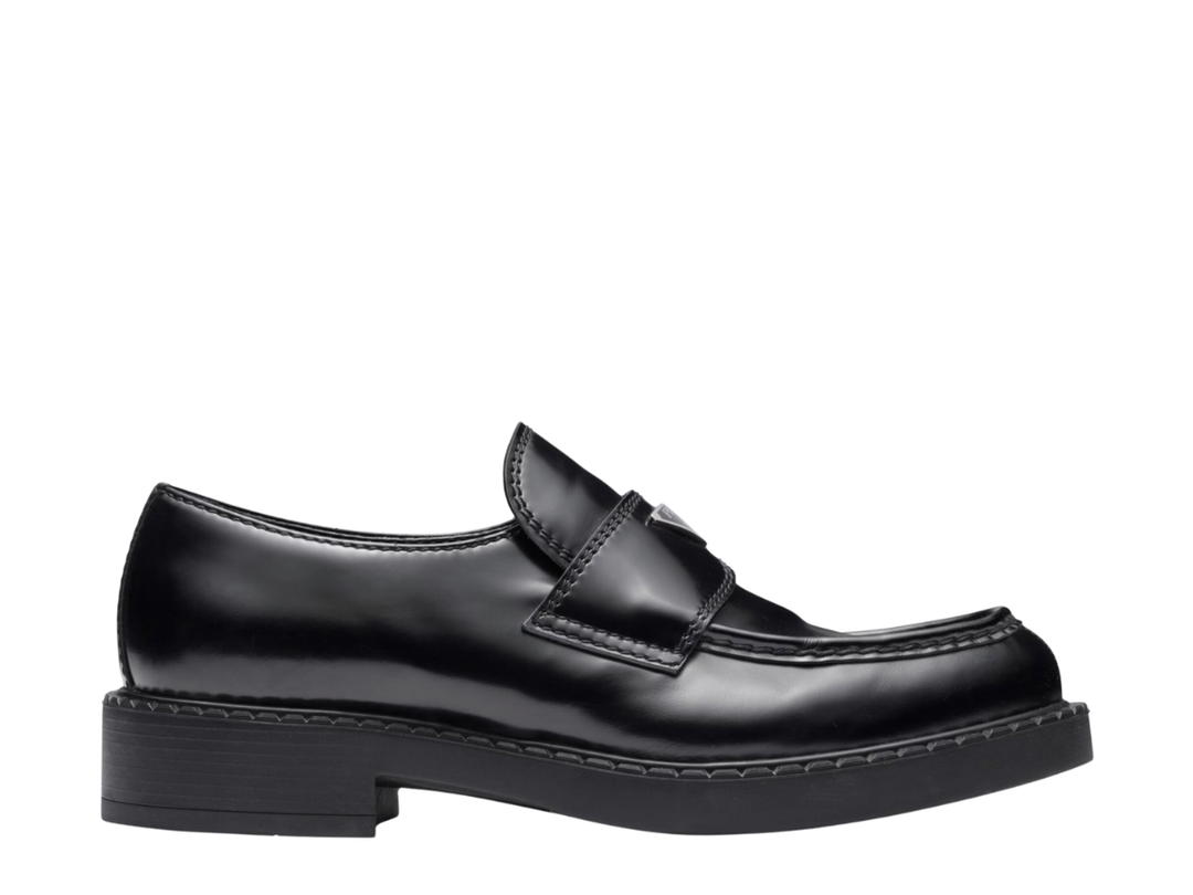 Prada Prada Chocolate Patent Leather Loafers In Rubber Monobloc Sole With Enameled Metal Triangle Logo Black (W)