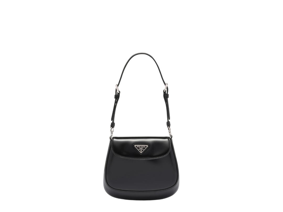 Prada Prada Cleo Brushed Leather Mini Bag With Enameled Metal Triangle Logo And Metal Hardware Black