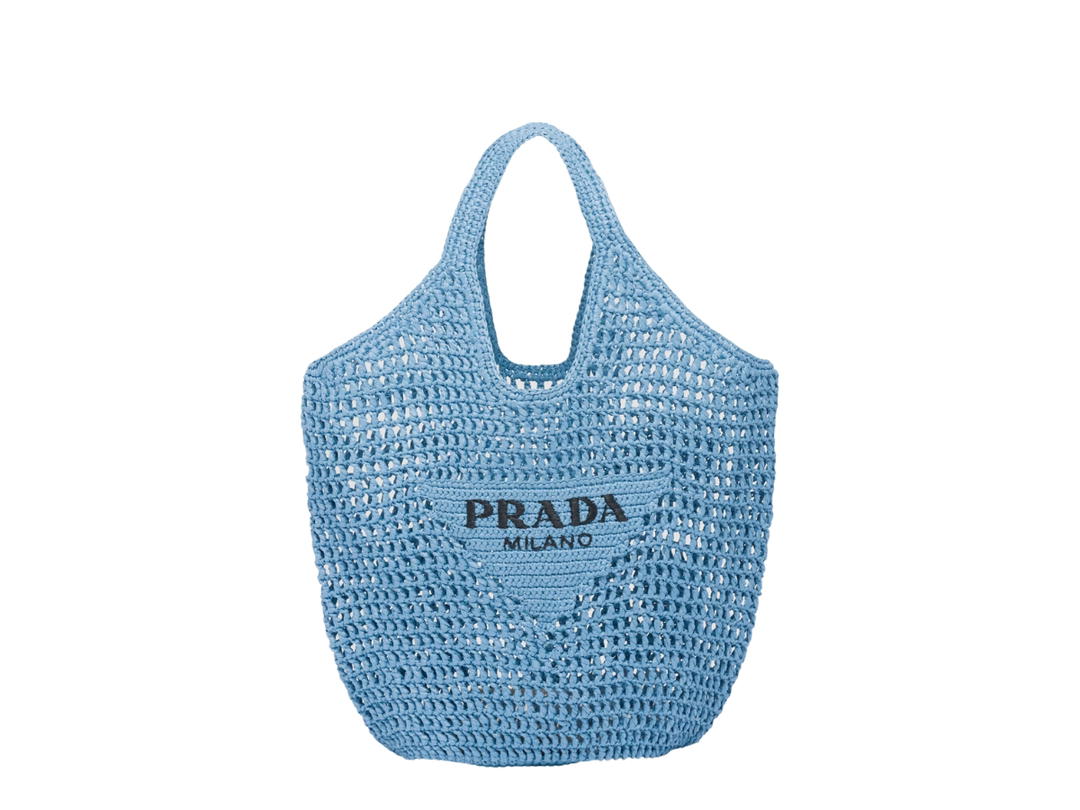 Prada Prada Crochet Tote Bag In Raffia-Effect Yarn With Embroidered Lettering Logo On The Front Light Blue