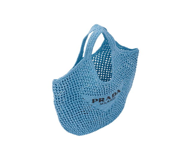 Prada Prada Crochet Tote Bag In Raffia-Effect Yarn With Embroidered Lettering Logo On The Front Light Blue - view 3