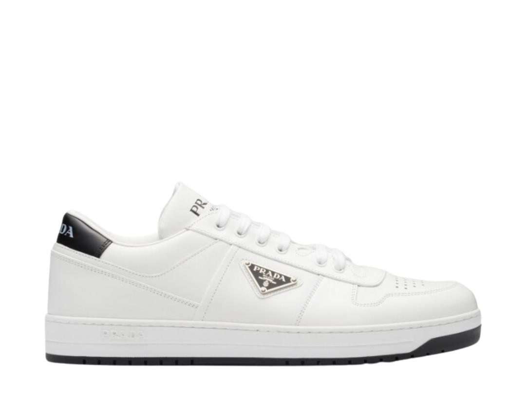 Prada Prada Downtown Leather Sneakers With Enamel Triangle Logo White Black