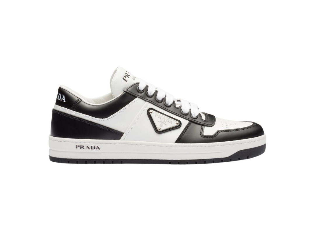 Prada Prada Downtown Leather Sneakers With Enameled Metal Triangle Logo White-Black (W)