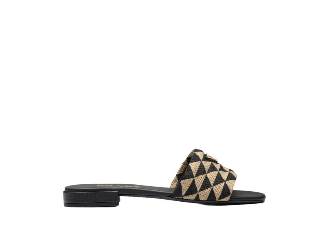 Prada Prada Embroidered Fabric Slides With Enameled Metal Triangle Logo Black Beige
