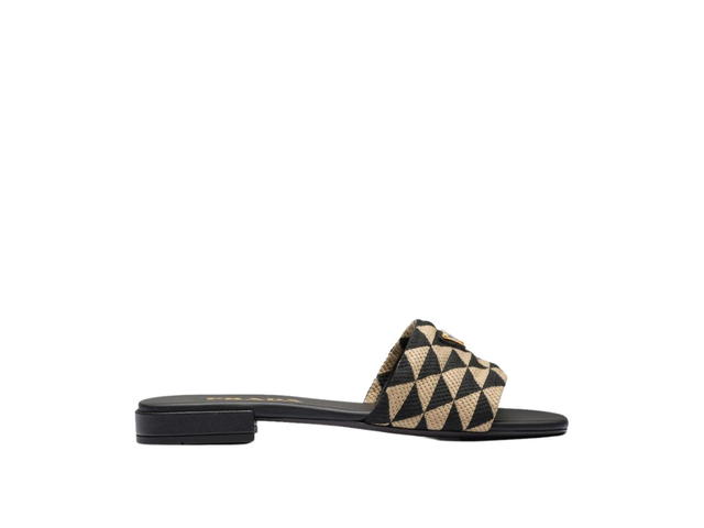 Prada Prada Embroidered Fabric Slides With Enameled Metal Triangle Logo Black Beige - view 1