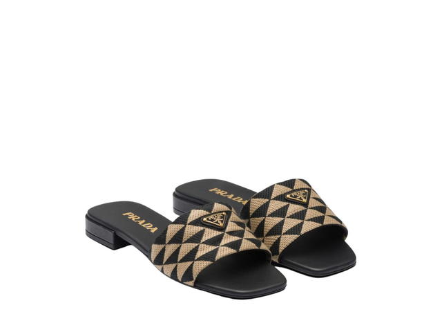 Prada Prada Embroidered Fabric Slides With Enameled Metal Triangle Logo Black Beige - view 2