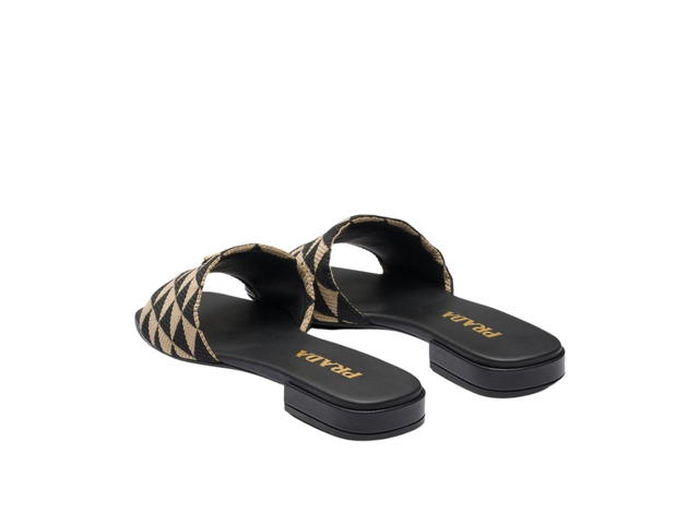 Prada Prada Embroidered Fabric Slides With Enameled Metal Triangle Logo Black Beige - view 3