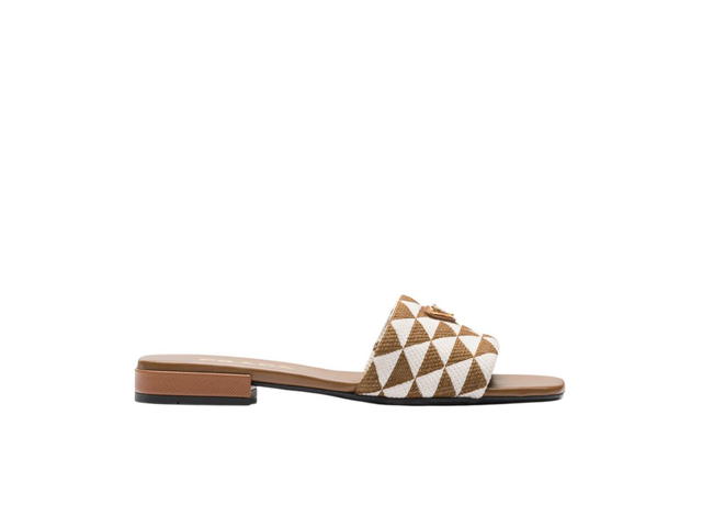 Prada Prada Embroidered Fabric Slides With Enameled Metal Triangle Logo Tobacco-Chalk White - view 1