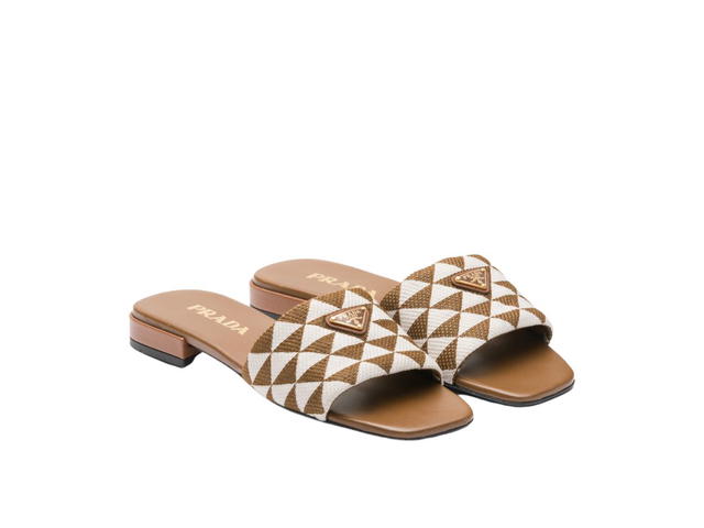 Prada Prada Embroidered Fabric Slides With Enameled Metal Triangle Logo Tobacco-Chalk White - view 2