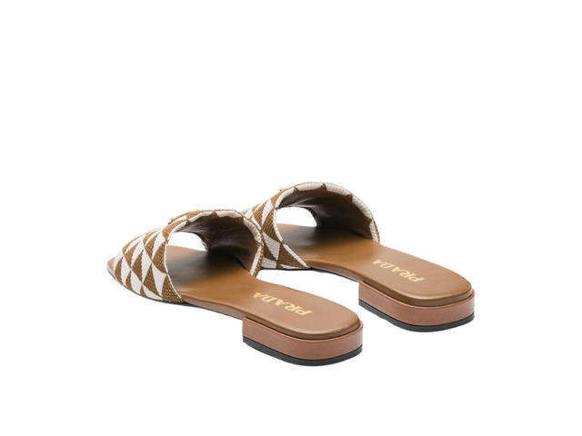 Prada Prada Embroidered Fabric Slides With Enameled Metal Triangle Logo Tobacco-Chalk White - view 3