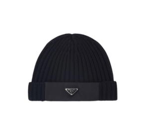 Buy Prada Knit Hat In Re-Nylon Gabardine Wool Cap With Triangle Logo Black at Sasom – Authentic and Ready to Ship