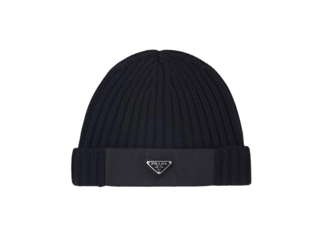 Prada Prada Knit Hat In Re-Nylon Gabardine Wool Cap With Triangle Logo Black