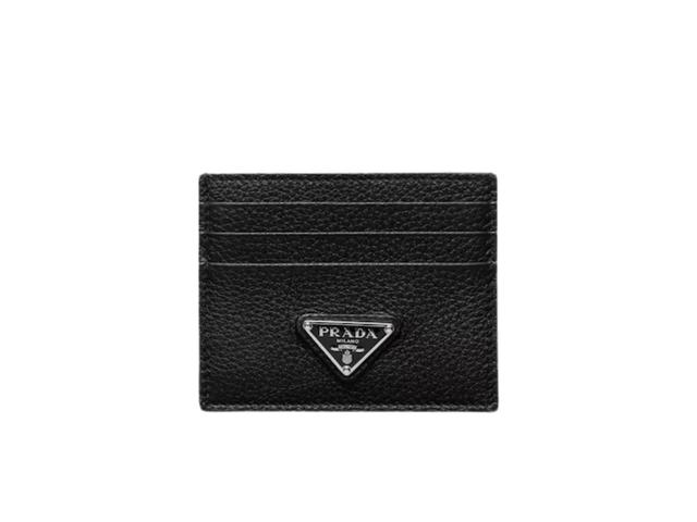 Prada Prada Leather Card Holder In Calfskin Leather With Silver Enameled Metal Triangle Logo Black - view 1