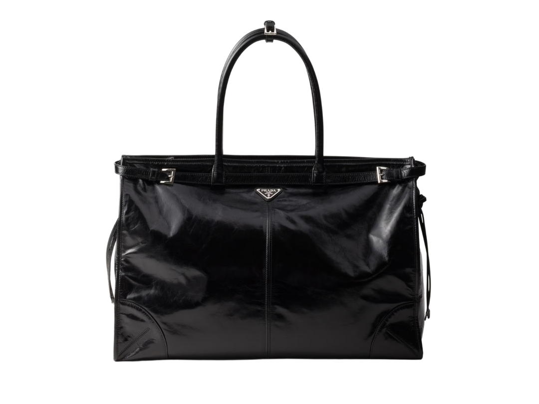 Prada Prada Leather Tote Bag In Black Calfskin With Enameled Metal Triangle Logo On The Front Black