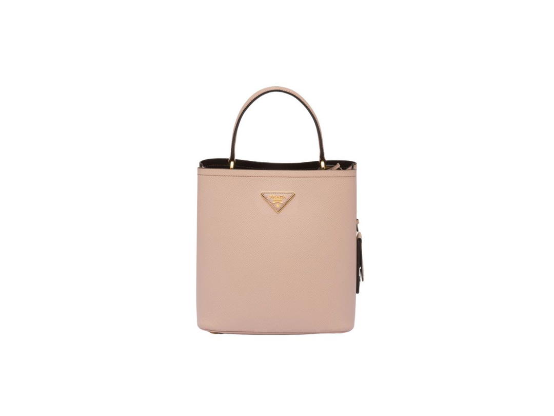 Prada Prada Medium Saffiano Leather Prada Panier Bag With Metal Lettering Logo And Metal Hardware Powder Pink-Black