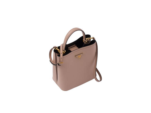 Prada Prada Medium Saffiano Leather Prada Panier Bag With Metal Lettering Logo And Metal Hardware Powder Pink-Black - view 2