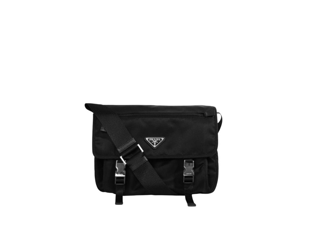 Prada Prada Messenger Bag In Re-Nylon And Saffiano Leather With Enameled Metal Triangle Logo On Flap Black