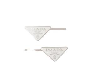Buy Prada Metal Hair Clips In Enameled Triangle Logo White at Sasom – Authentic and Ready to Ship