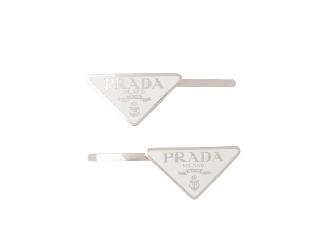 Prada Prada Metal Hair Clips In Enameled Triangle Logo White