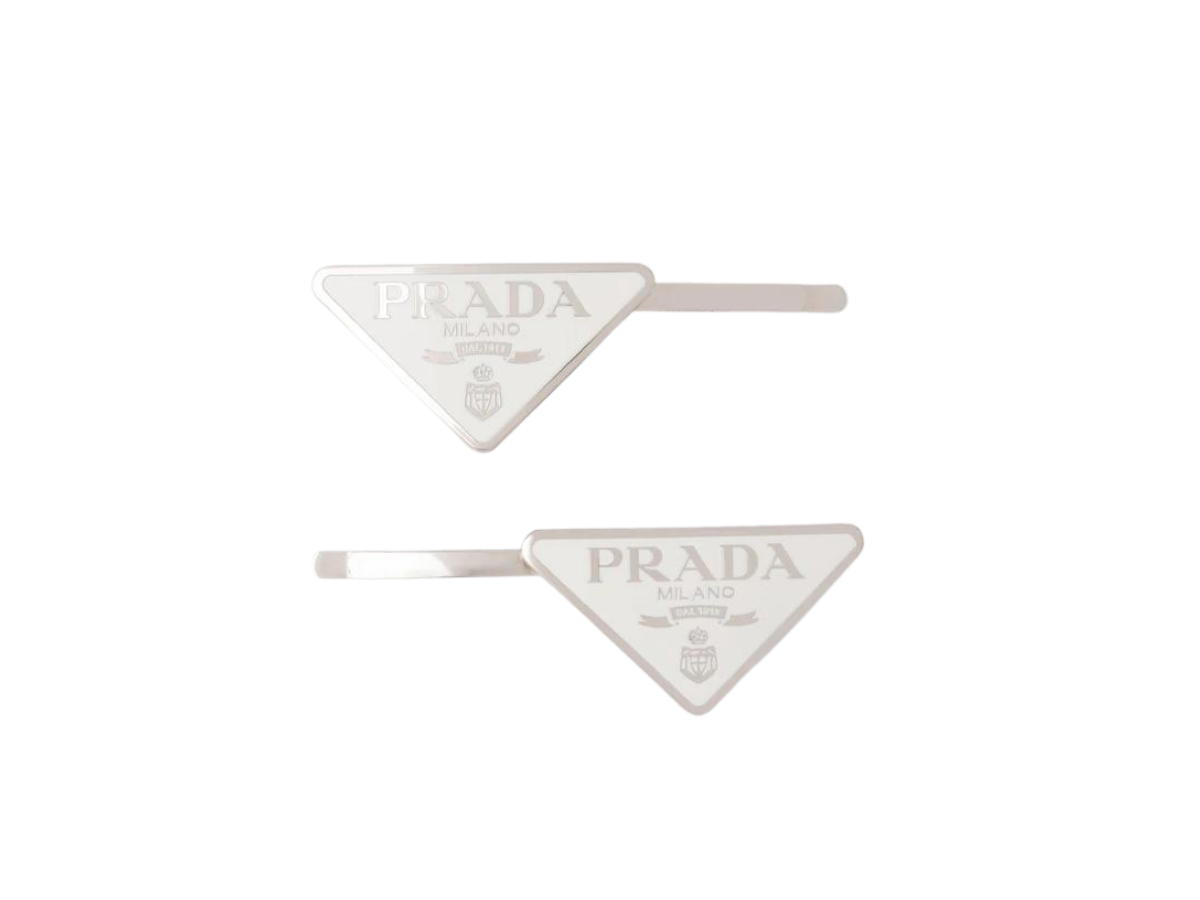 Prada Prada Metal Hair Clips In Enameled Triangle Logo White