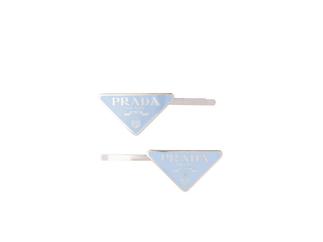 Prada Prada Metal Hair Clips With Enameled Triangle Logo Light Blue