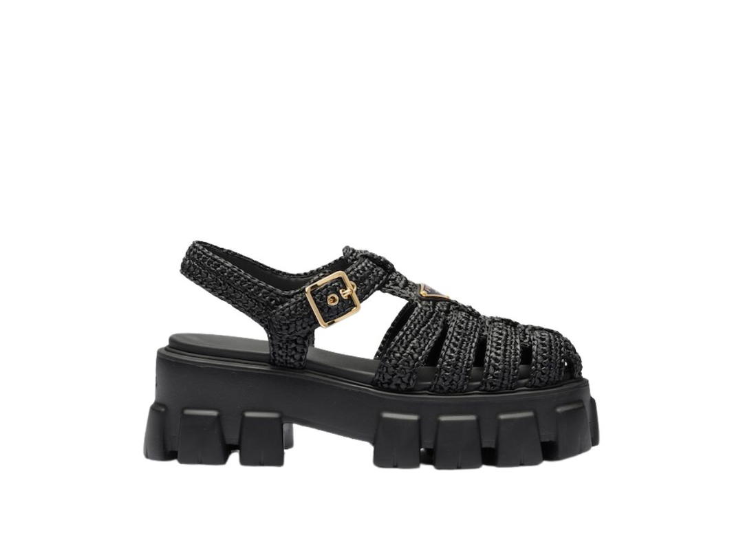 Prada Prada Monolith Crochet Cage Sandals With Enameled Metal Triangle Logo Black (W)
