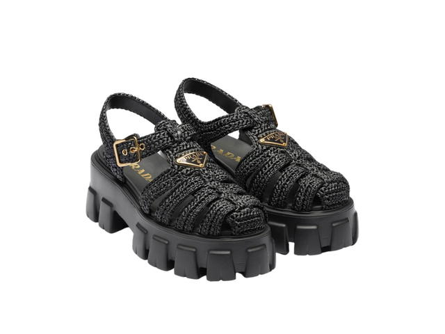 Prada Prada Monolith Crochet Cage Sandals With Enameled Metal Triangle Logo Black (W) - view 2