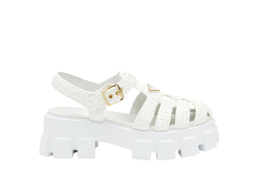 Prada Prada Monolith Crochet Cage Sandals With Enameled Metal Triangle Logo White (W)