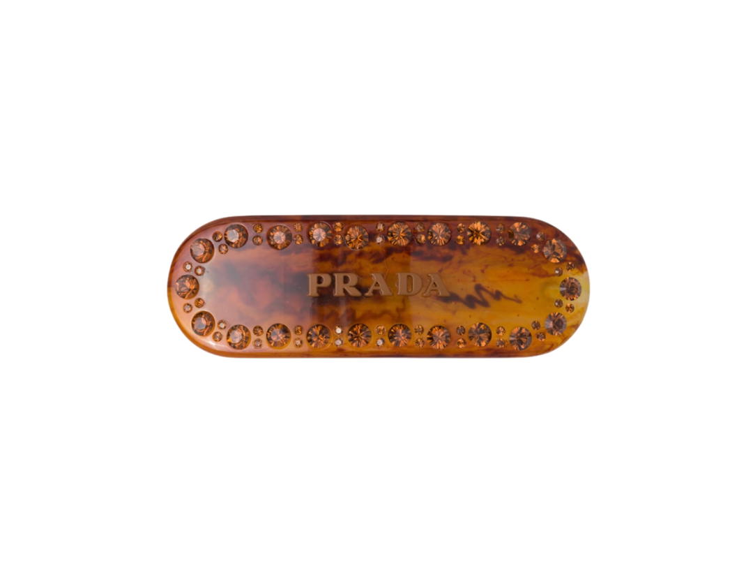 Prada Prada Plex Hair Clip In Metal Lettering Logo With Crystals Patal Rust Tortoiseshell