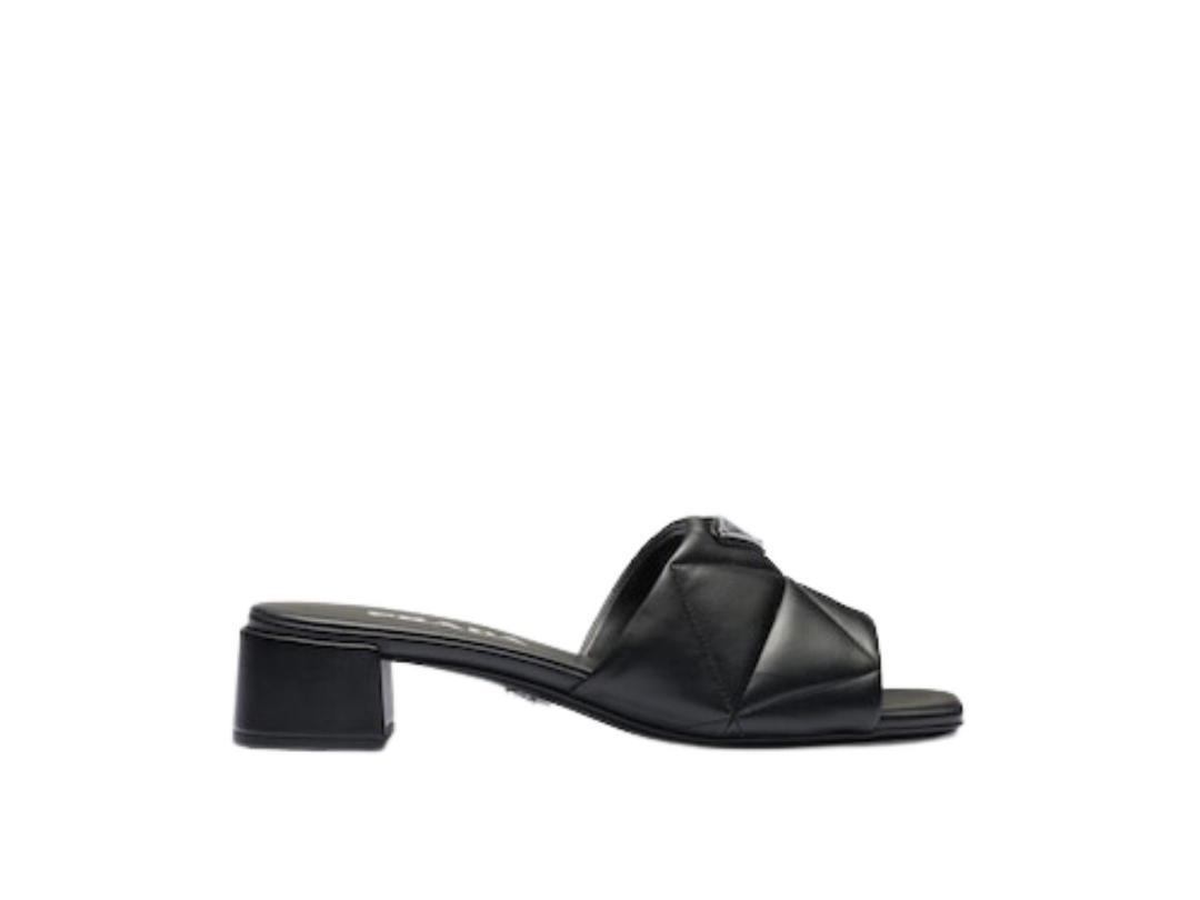 Prada Prada Quilted Nappa Leather Slides With Enameled Metal Triangle Logo Black