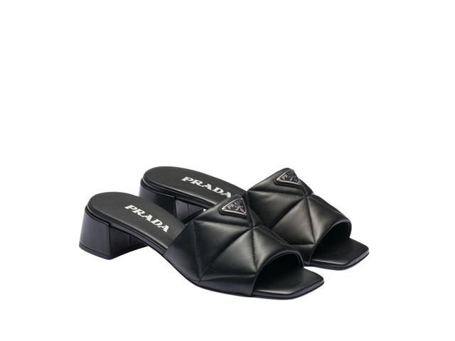 Prada Prada Quilted Nappa Leather Slides With Enameled Metal Triangle Logo Black - view 2