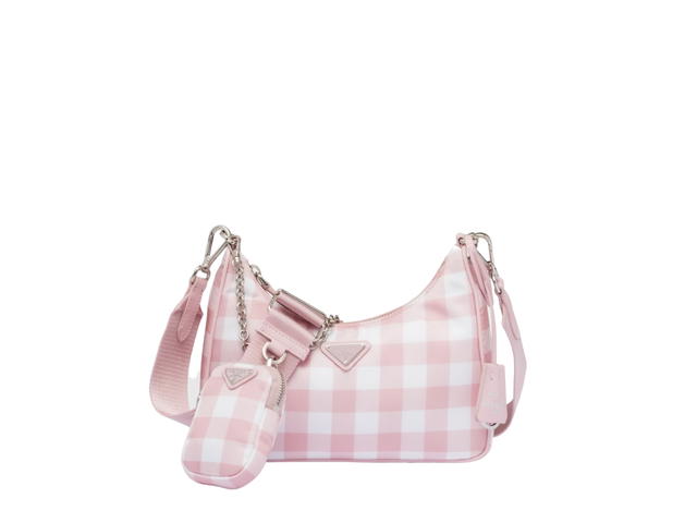 Prada Prada Re-Edition 2005 Printed Re-Nylon Bag In Gingham Check Print Fabric With Enameled Triangle Logo Metal Hardware Alabaster Pink - view 1