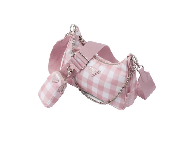 Prada Prada Re-Edition 2005 Printed Re-Nylon Bag In Gingham Check Print Fabric With Enameled Triangle Logo Metal Hardware Alabaster Pink - view 3