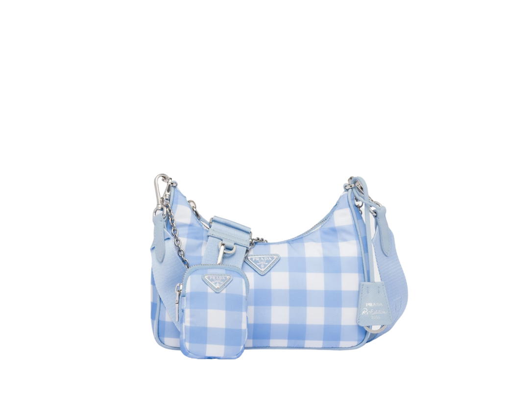 Prada Prada Re-Edition 2005 Printed Re-Nylon Bag In Gingham Check Print Fabric With Enameled Triangle Logo Metal Hardware Light Blue