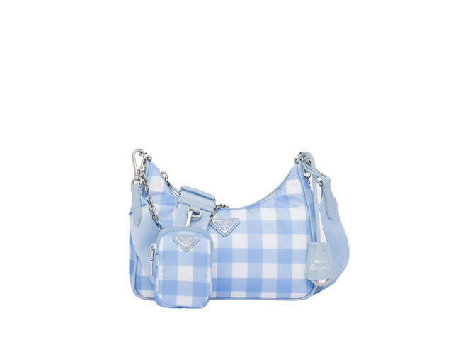 Prada Prada Re-Edition 2005 Printed Re-Nylon Bag In Gingham Check Print Fabric With Enameled Triangle Logo Metal Hardware Light Blue - view 1