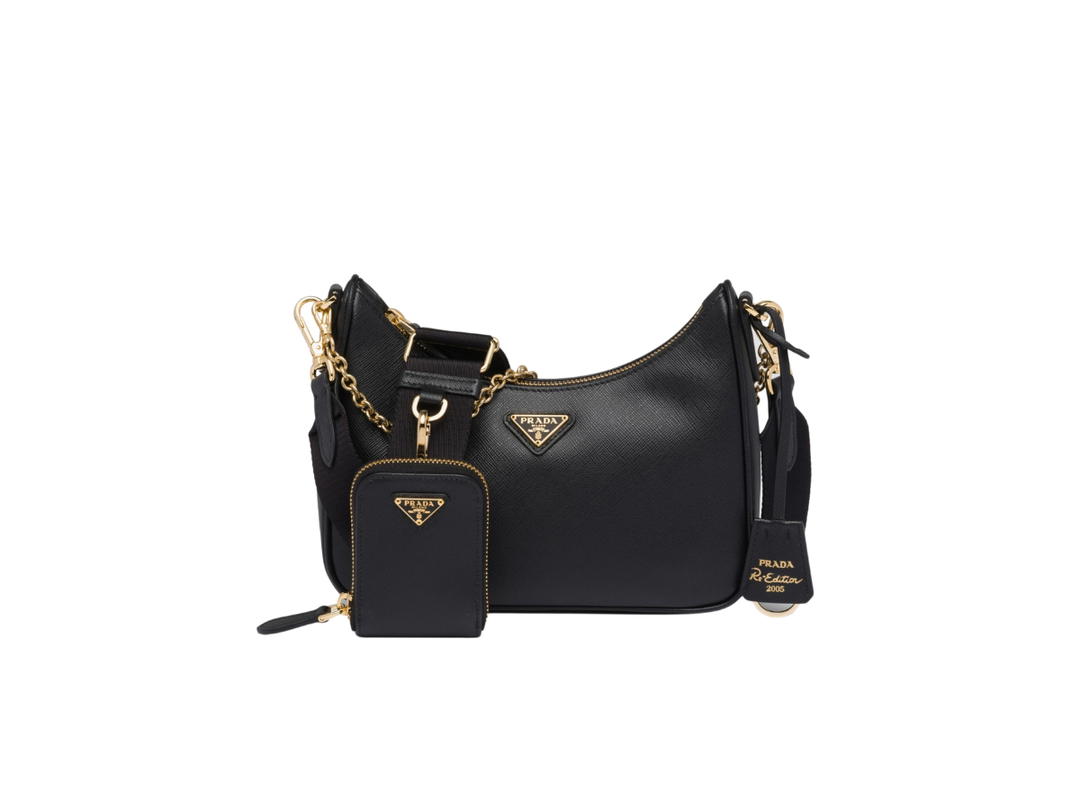 Prada Prada Re-Edition 2005 Saffiano Leather Bag With Enameled Metal Triangle Logo And Metal Hardware Black