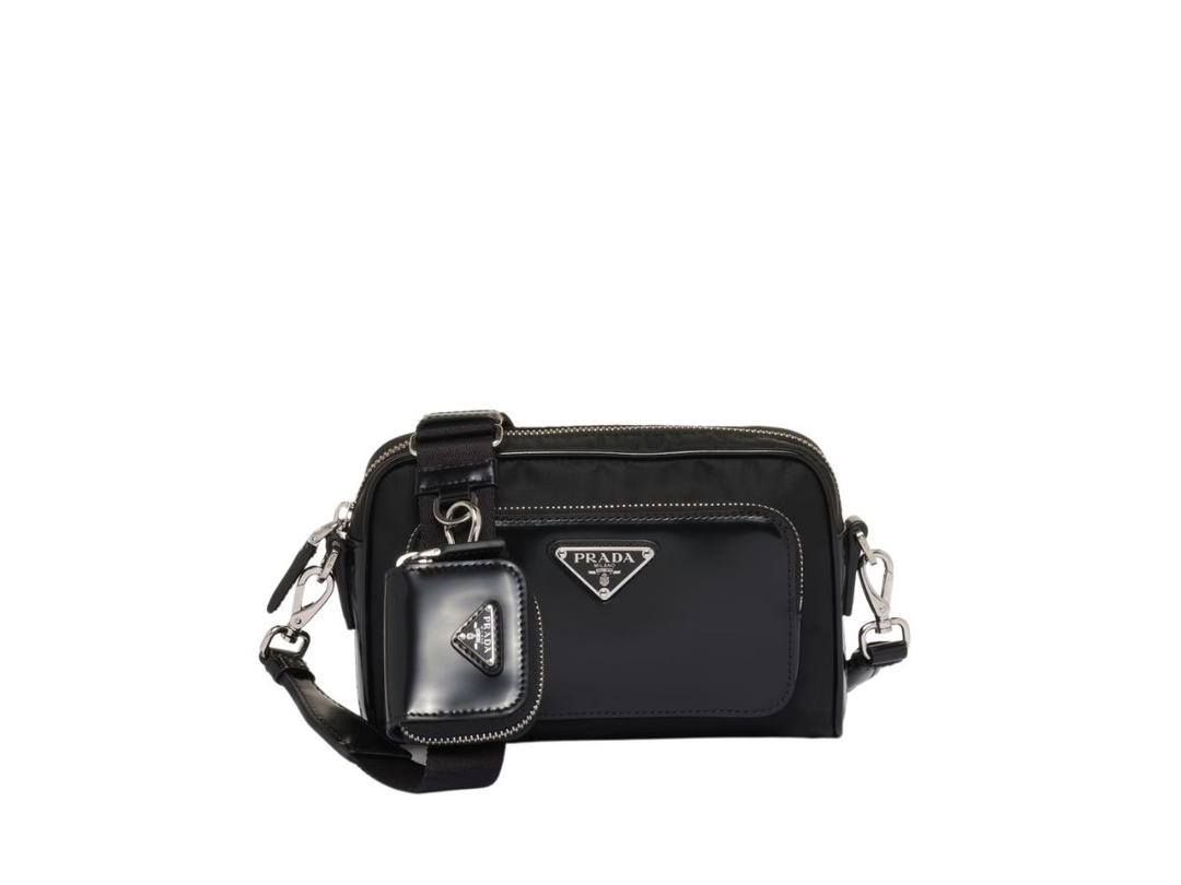 Prada Prada Re-Nylon And Brushed Leather Shoulder Bag With Enameled Metal Triangle Logo And One External Zipper Pocket