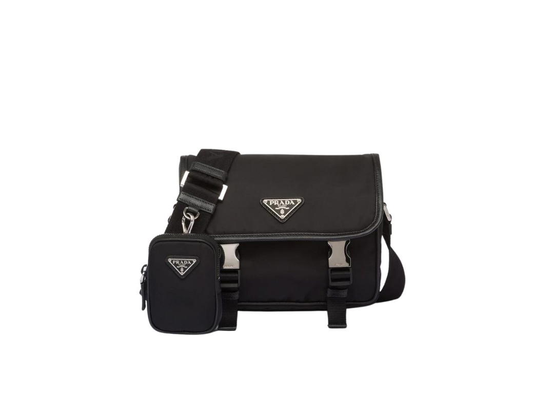 Prada Prada Re-Nylon And Saffiano Leather Shoulder Bag With Enameled Metal Triangle Logo On Flap Black