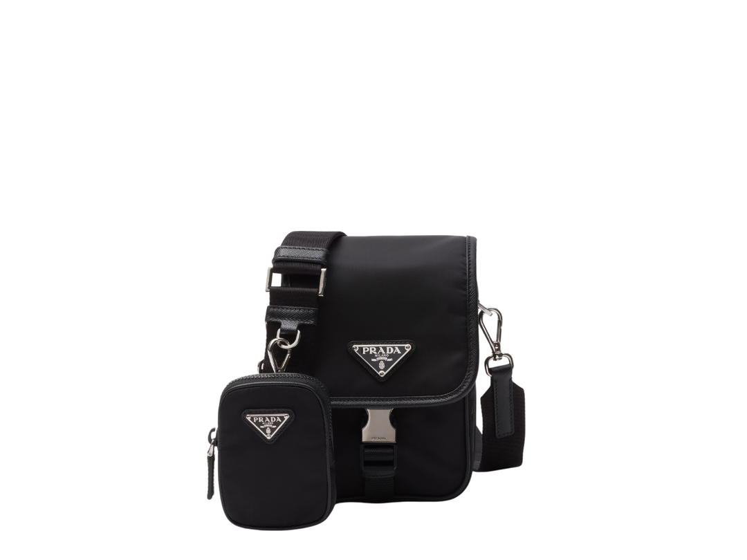 Prada Prada Re-Nylon And Saffiano Leather Shoulder Bag With Enameled Metal Triangle Logo On Flap Black