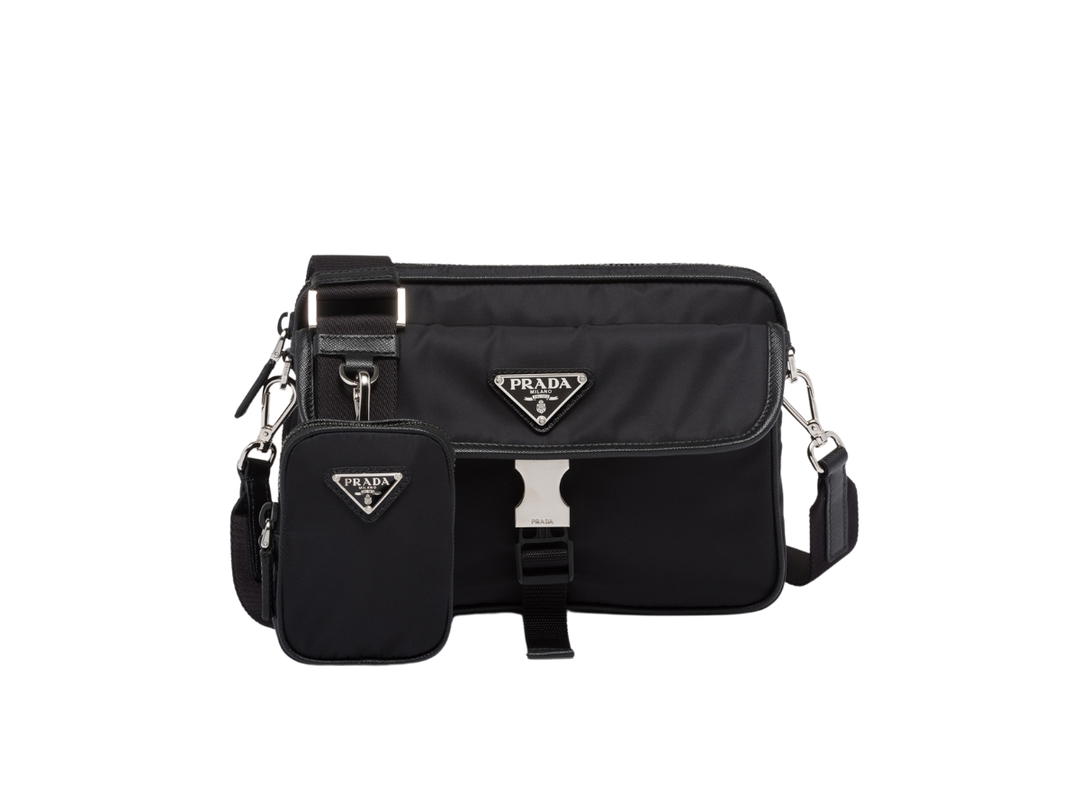 Prada Prada Re-Nylon And Saffiano Single Buckle Leather Shoulder Bag Black