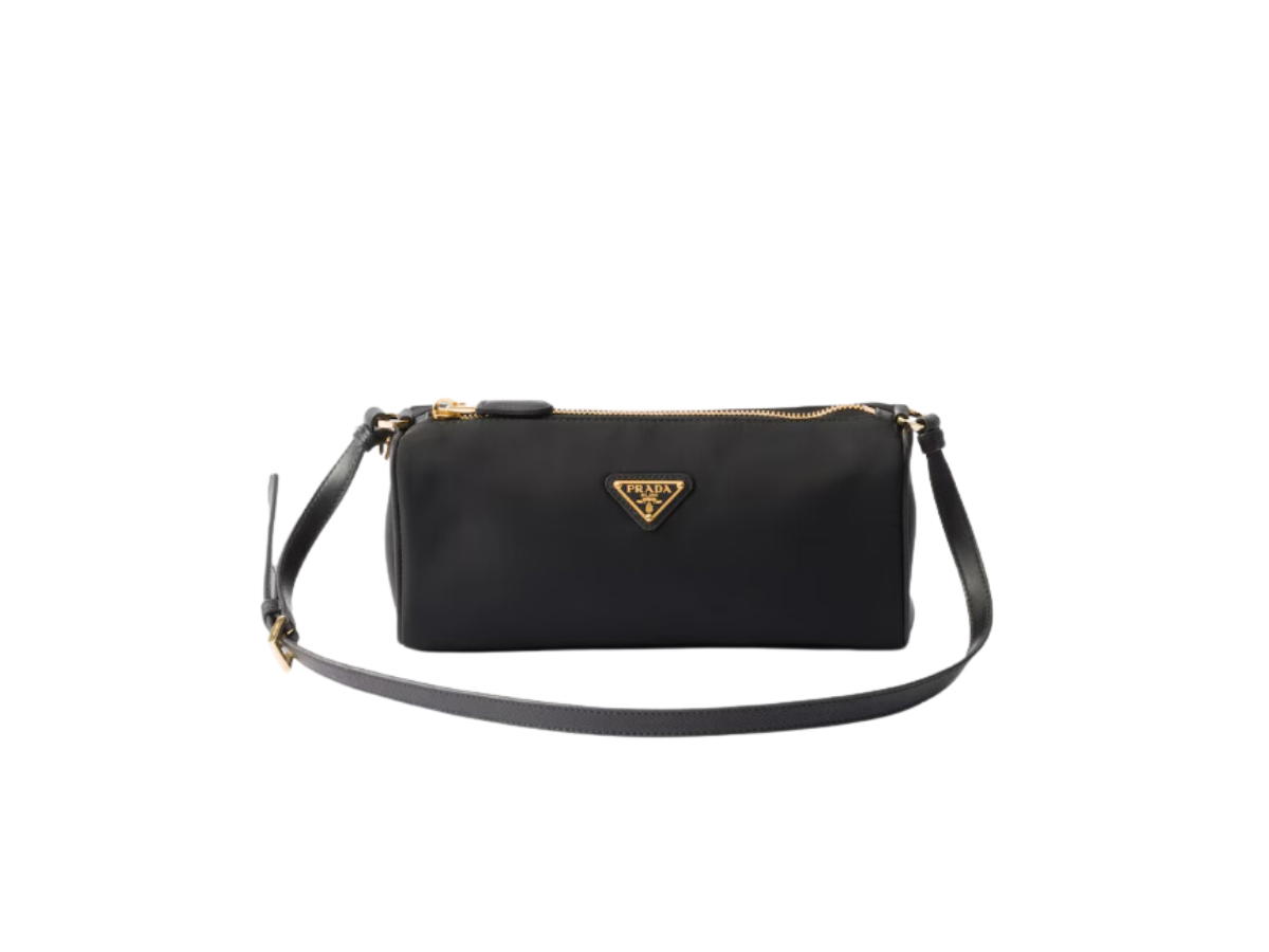 Prada Prada Re-Nylon Pouch In Enameled Metal Triangle Logo With Adjustable Leather Handle Black