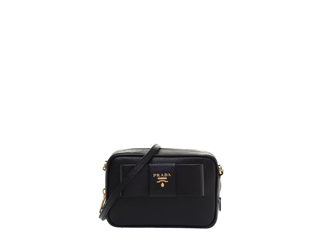 Prada Prada Saffiano Fiocco Bow Camera Crossbody Bag In Leather With Gold Hardware Black