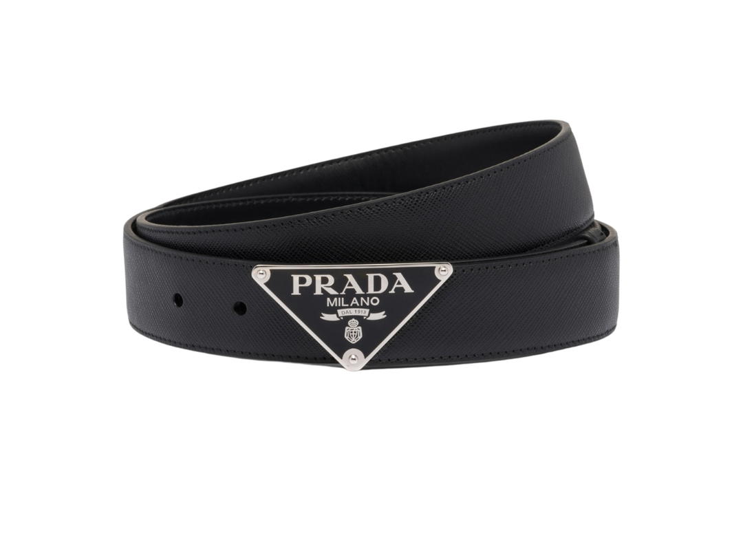 Prada Prada Saffiano Leather Belt In Enamel Triangle Logo With Metal Black