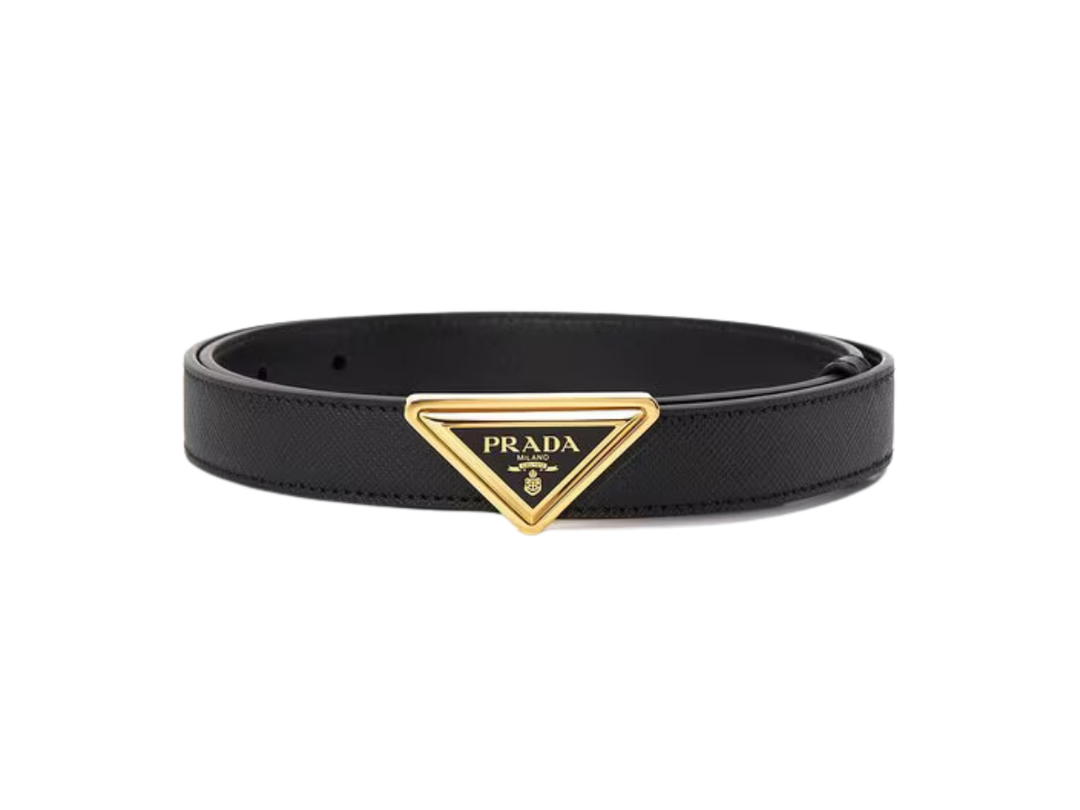 Prada Prada Saffiano Leather Belt In Enamelled triangle logo With Gold-Tone Hardware Black