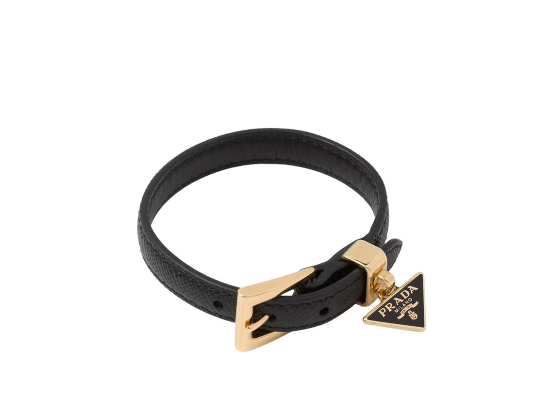 Prada Prada Saffiano Leather Bracelet In Leather With Gold Logo Loop With Enameled Metal Triangle Charm Black