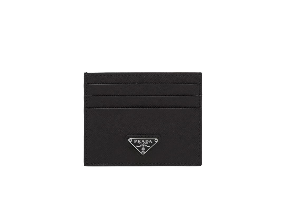 Prada Prada Saffiano Leather Card Holder In Enameled Metal Triangle Logo With Six Card Slots Black