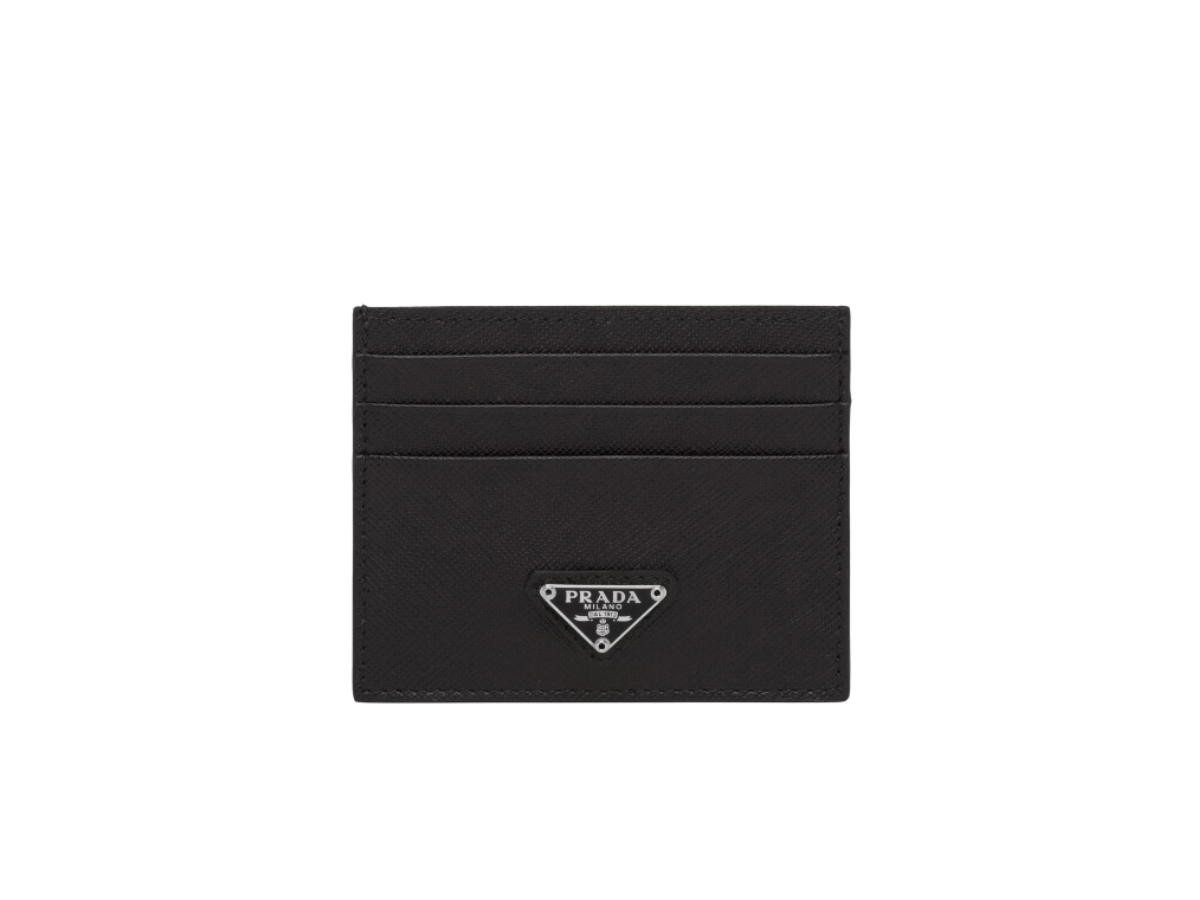 Prada Prada Saffiano Leather Card Holder In Enameled Metal Triangle Logo With Six Card Slots Black