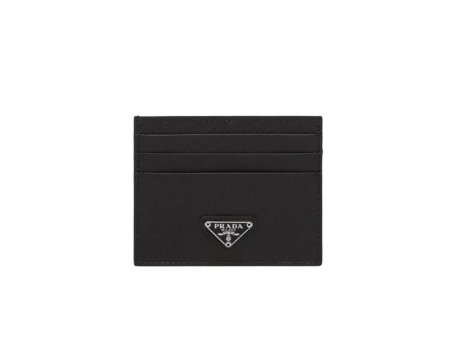 Prada Prada Saffiano Leather Card Holder In Enameled Metal Triangle Logo With Six Card Slots Black - view 1