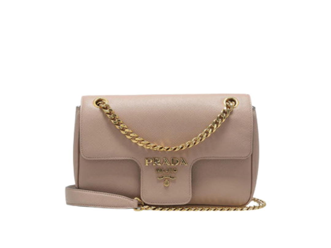 Prada Prada Saffiano Leather Chain Shoulder Bag With Metal Lettering Logo Powder Pink