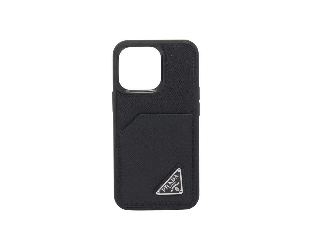 Prada Prada Saffiano Leather Cover For iPhone 14 Pro With Enameled Metal Triangle Logo Black