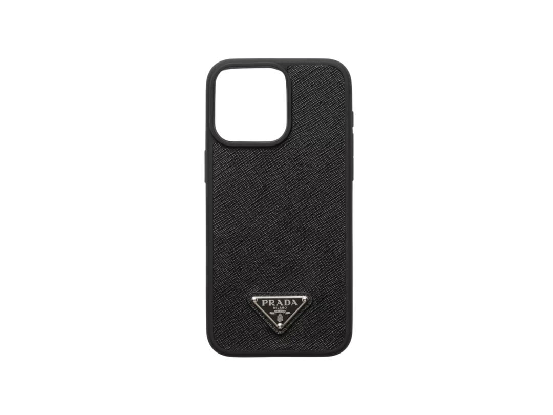 Prada Prada Saffiano Leather Cover For Iphone 15 Pro Max With SilverEnameled Metal Triangle Logo Black